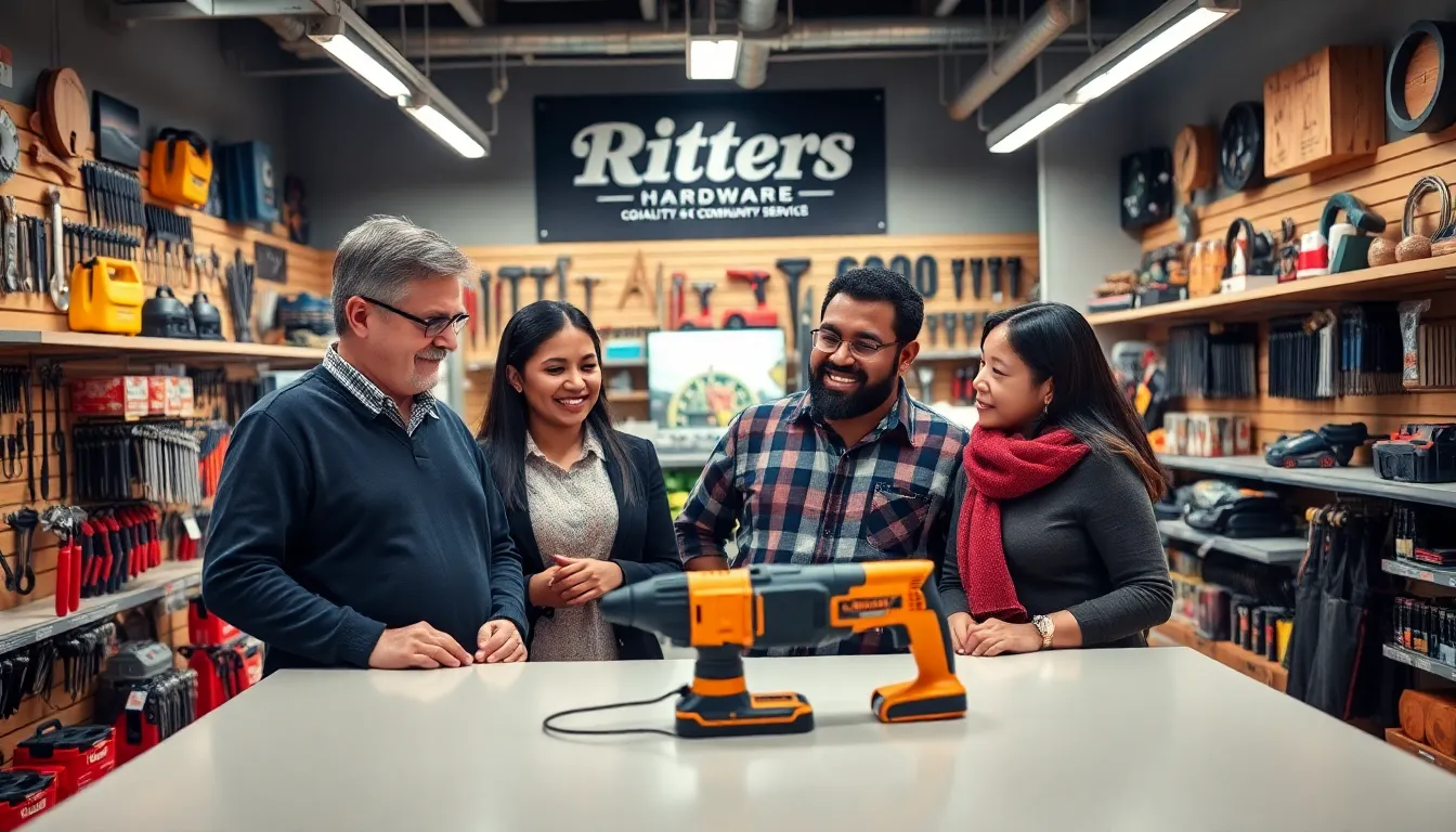 diverse team discussing tools in a modern hardware store.
