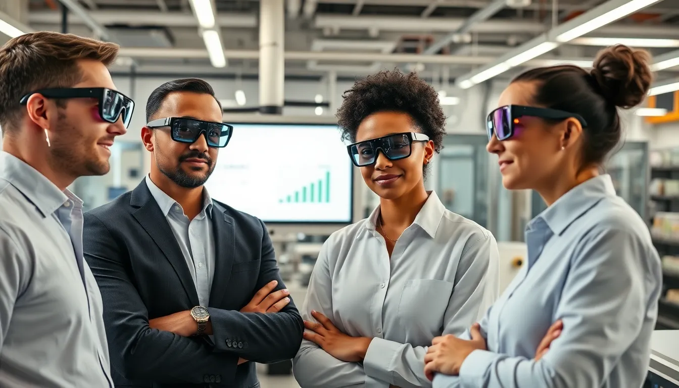 diverse professionals using augmented reality in a modern pharma manufacturing setting.