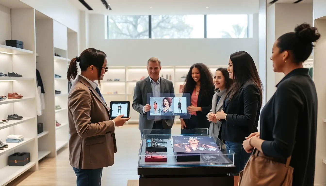 Retail professional demonstrating augmented reality technology to customers.