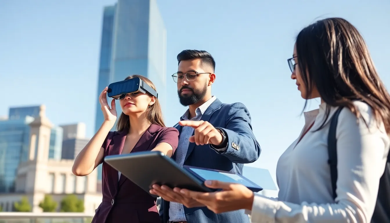 professionals interacting with augmented reality in a modern urban setting.