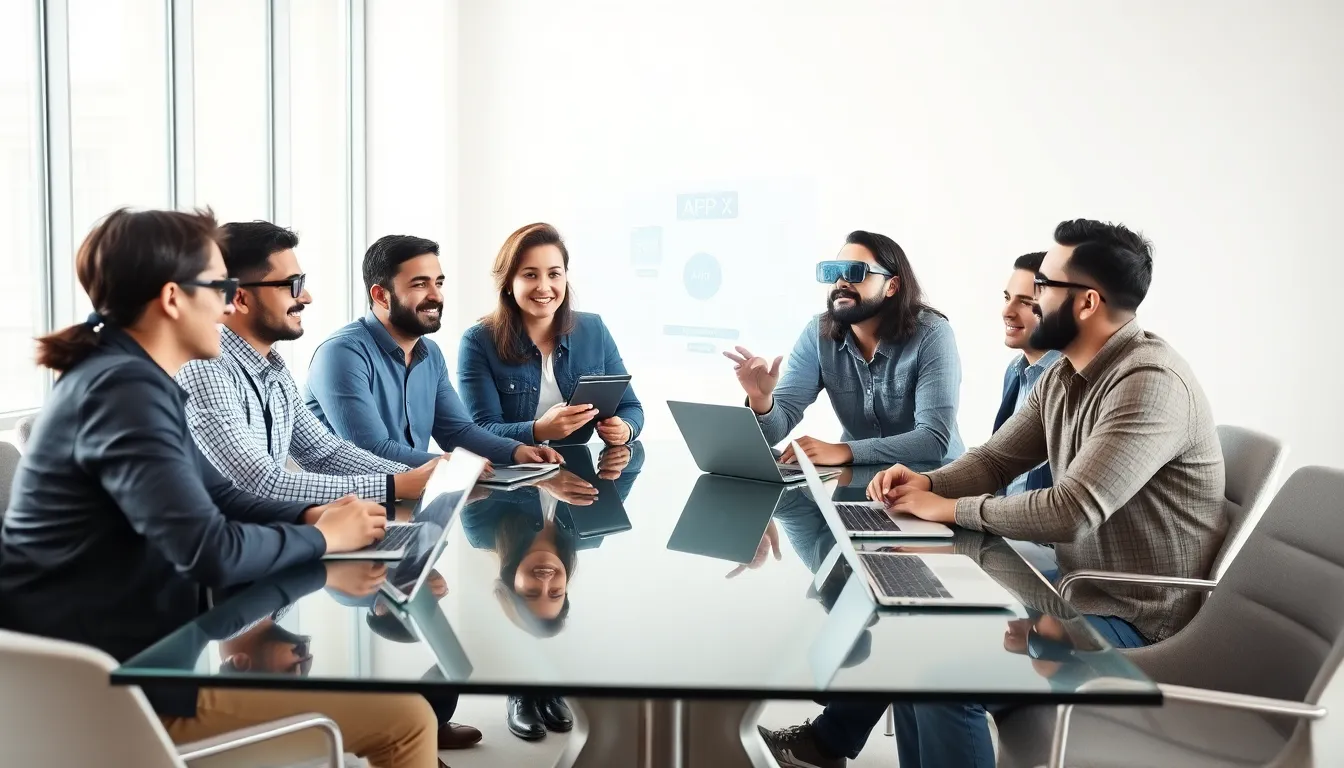 diverse team of AR app developers in a modern office.