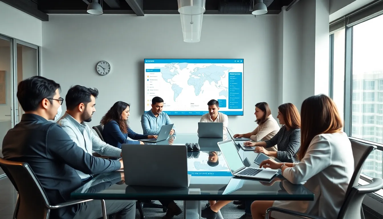 diverse team collaborating in a modern office for web development.