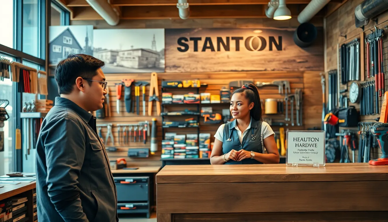 diverse staff in a modern hardware store discussing tools.