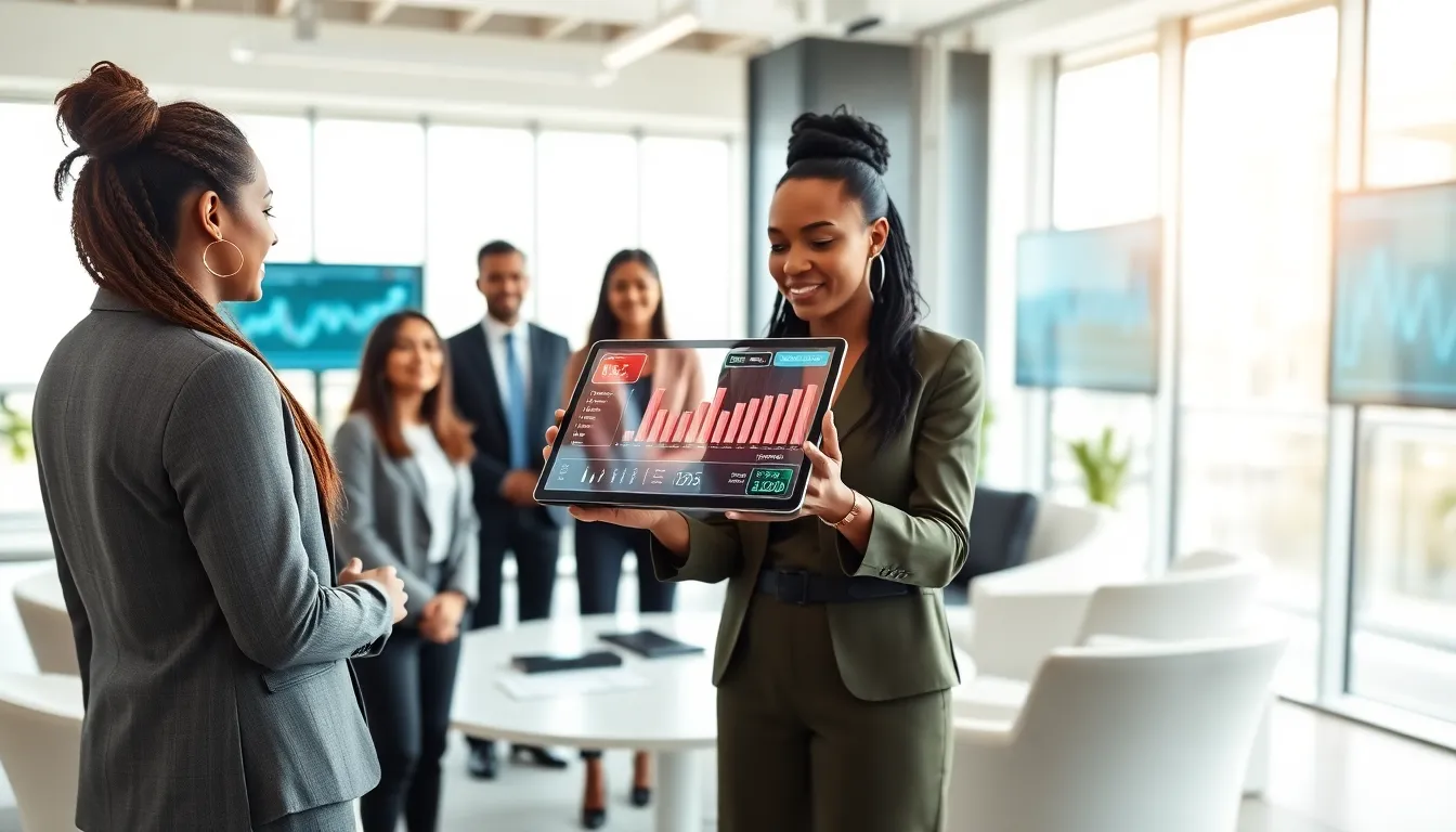 diverse professionals using augmented reality in a modern financial office.