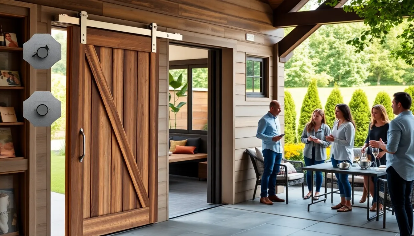 modern barn door hardware displayed in an outdoor setting.