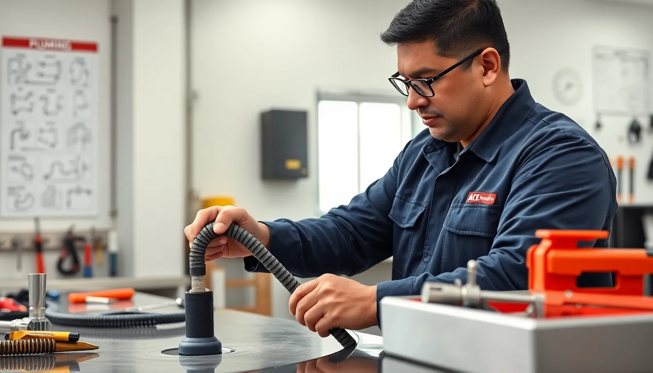 technician using a drain snake in a modern workshop.