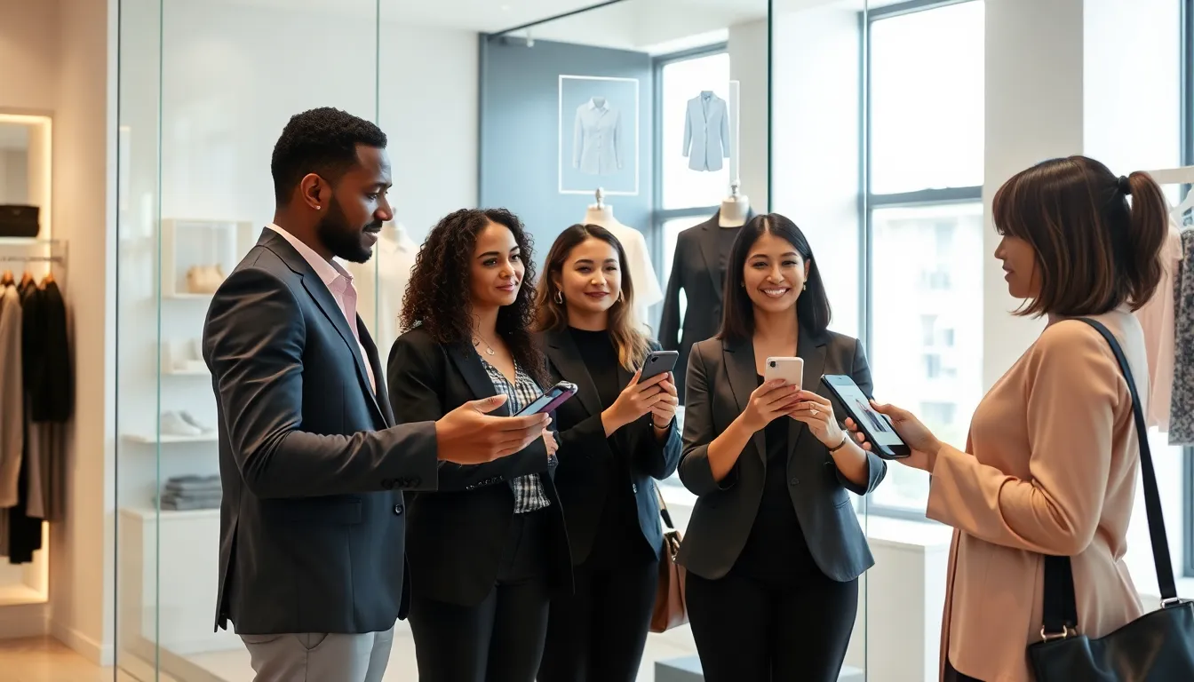 diverse professionals using augmented reality in a modern fashion retail store.