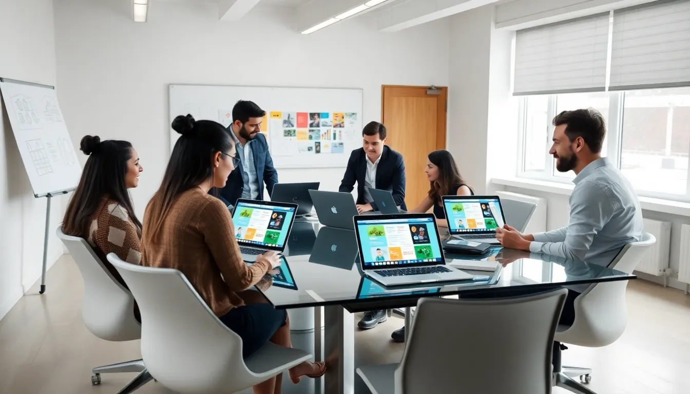 diverse team collaborating on web design in a modern office.