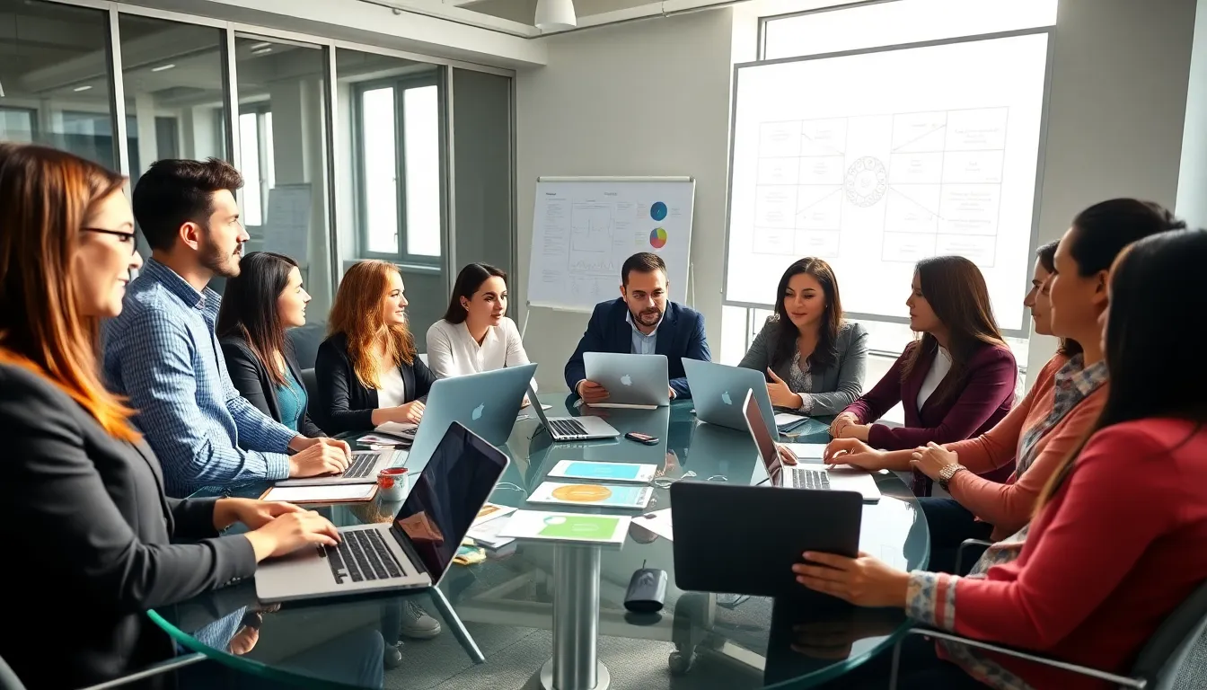 diverse team of web development consultants collaborating in a modern setting.