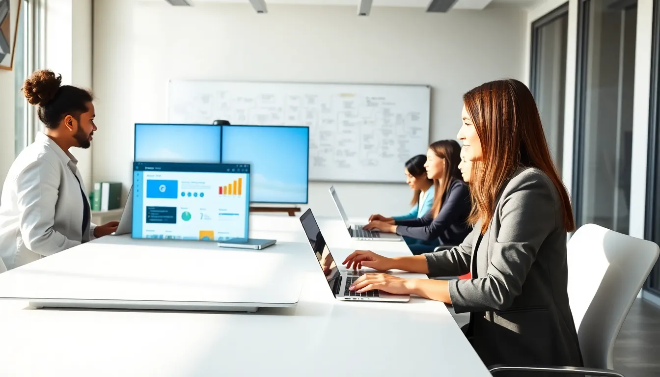 diverse team collaborating on a content management system in a modern office.